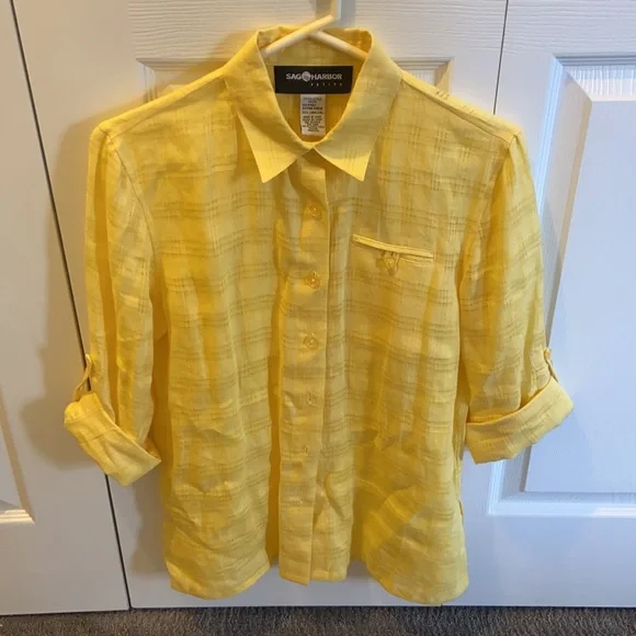Sag Harbor Petite Women’s Linen Yellow Button Down Long-Sleeve Top PXS - Picture 1 of 5